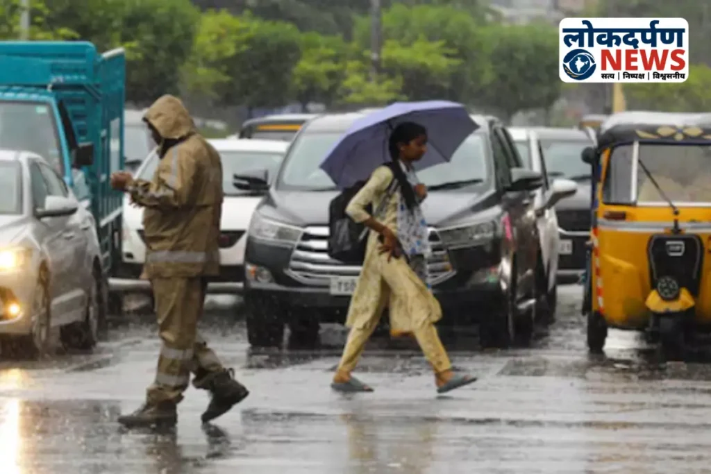 People crossing a busy road in heavy rain with umbrellas, vehicles stuck in traffic in Gorakhpur city