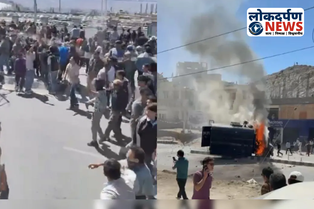 Protesters throwing stones and setting fire at BJP office in Leh, Ladakh