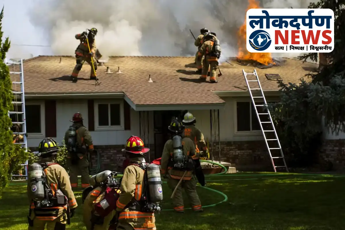 Firefighters extinguishing a house fire in Gorakhpur