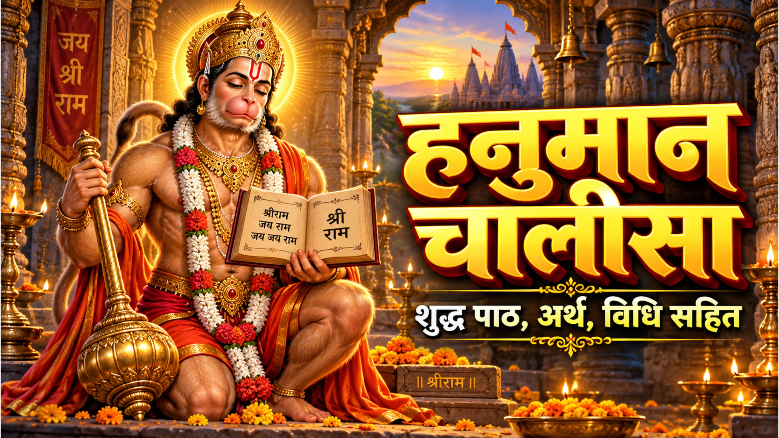 स्वर्ण मंदिर की पृष्ठभूमि में ध्यान मुद्रा में बैठे भगवान हनुमान - Hanuman Chalisa in Hindi शुद्ध पाठ, सरल अर्थ और पढ़ने की विधि सहित।